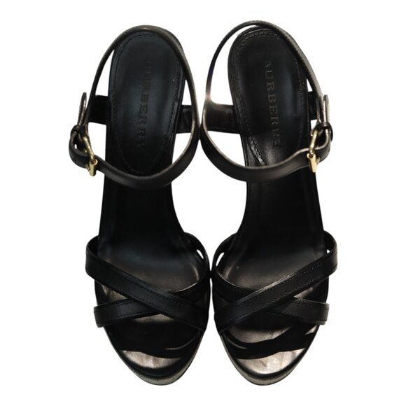 Burberry Black Leather Signature Check Wedges Platform Strappy Sandals Shoes 40 - Picture 6 of 10